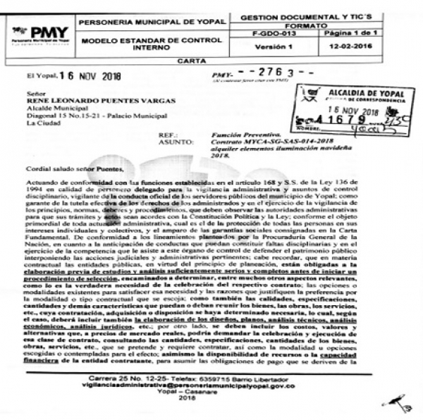 Personería de Yopal cuestiona contrato de alquiler de iluminación navideña de la Alcaldía