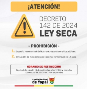 Ley seca el fin de semana en Yopal