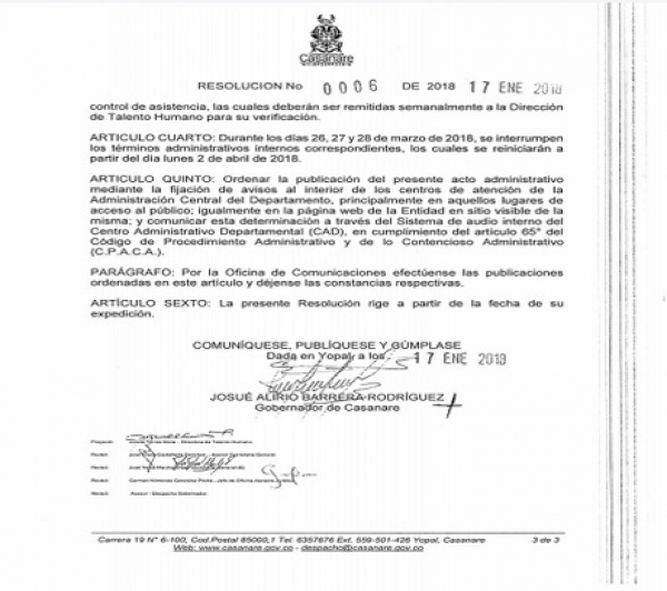 Gobernación de Casanare no prestará atención al público en Semana Santa