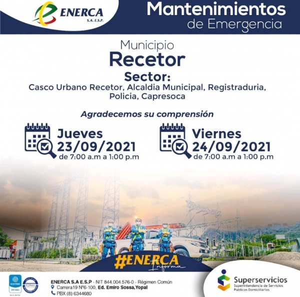 Suspensiones de energía este 23 y 24 de septiembre en Recetor Casanare