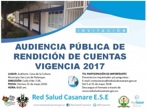 Red Salud Casanare E.S.E Rendirá Cuentas vigencia 2017 en San Luis de Palenque