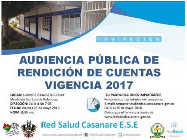 Red Salud Casanare E.S.E Rendirá Cuentas vigencia 2017 en San Luis de Palenque